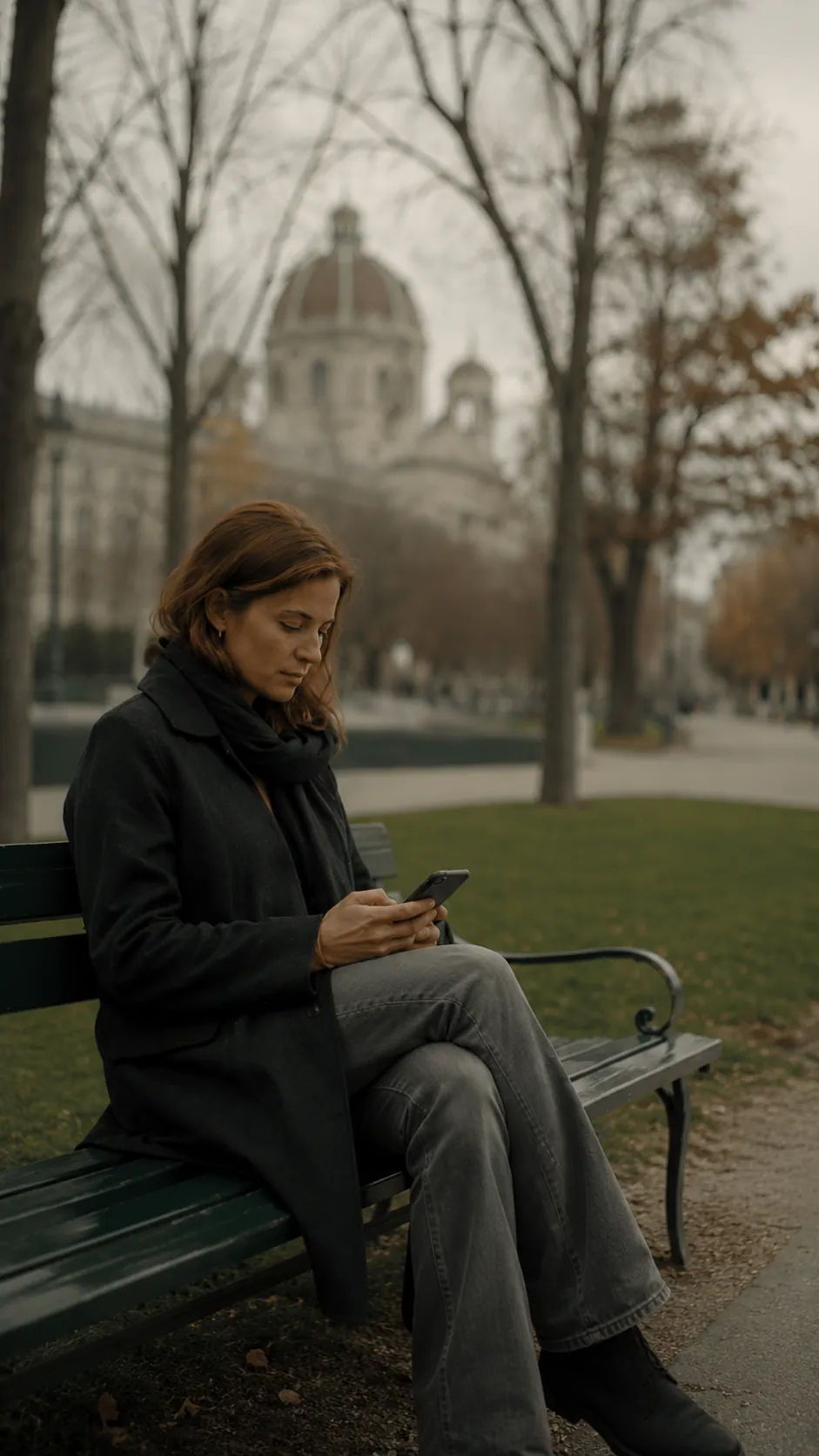 Eine Frau sitzt ruhig auf einer Parkbank in Wien und schaut auf ihr Telefon